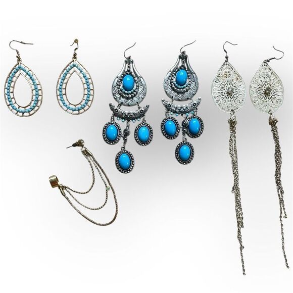 Charming Charlie, 3 Pairs of Dangle Earrings & Draped Chained Ear Cuff - Picture 1 of 11